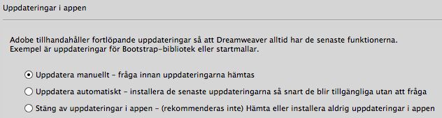 Inställningar för uppdateringar i appen