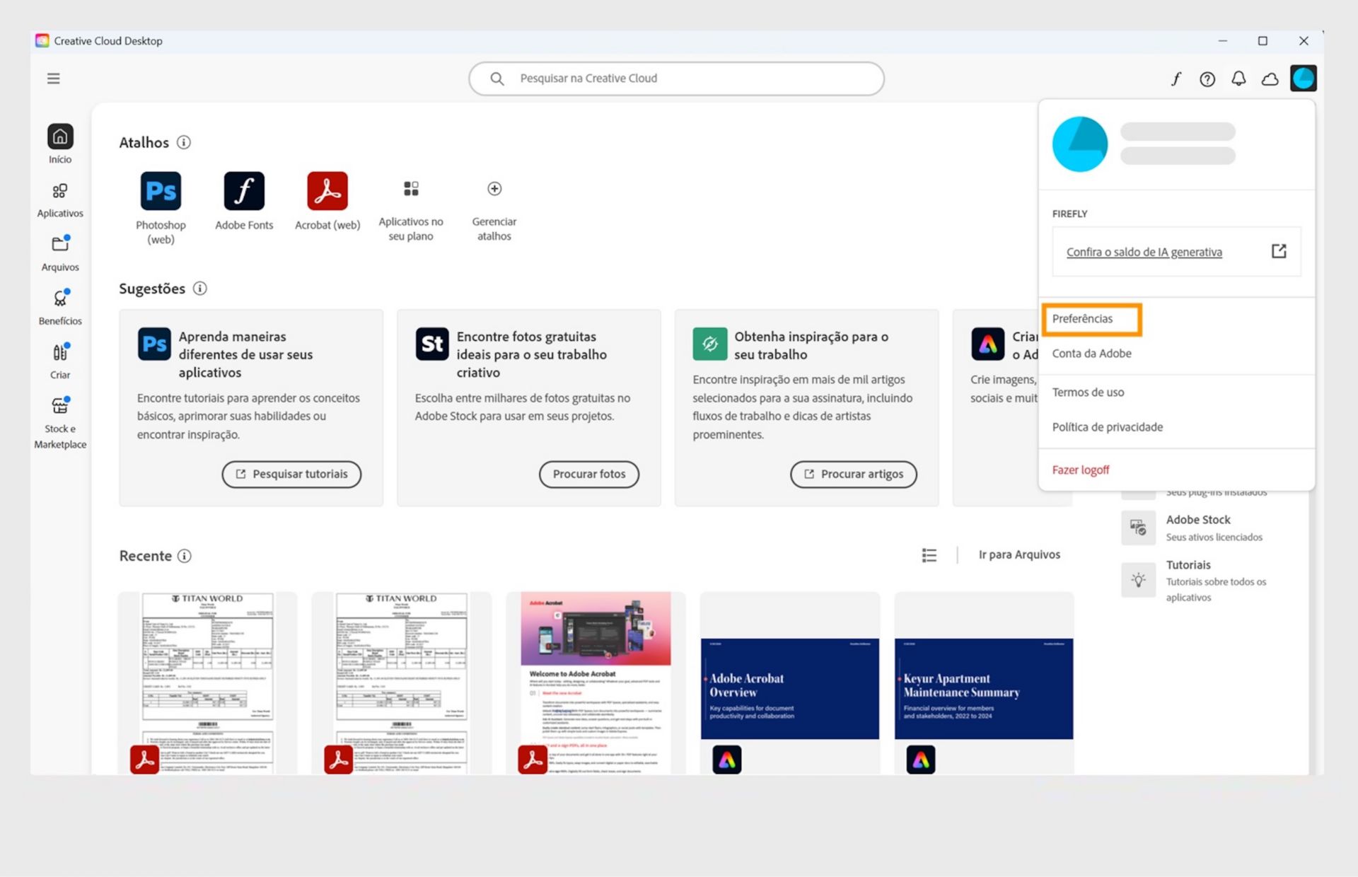 O menu Conta mostra opções como Preferências, Fazer logoff e os créditos generativos mensais de recursos da IA generativa. 