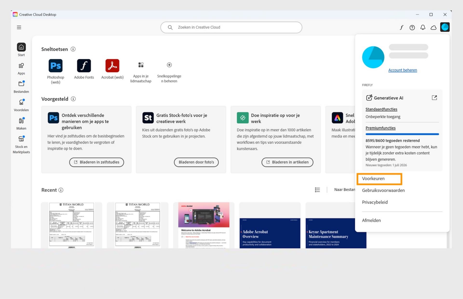 Het menu Account bevat opties zoals Voorkeuren, Afmelden en het aantal maandelijkse generatieve tegoeden voor generatieve AI-functies. 