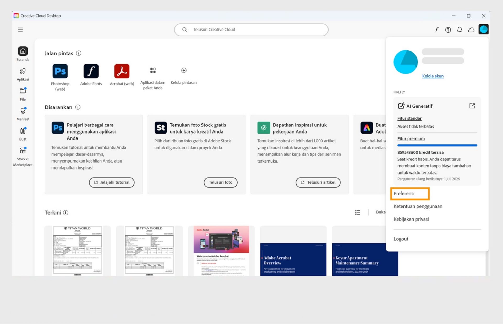 Menu Akun menampilkan opsi seperti Preferensi, Logout, dan kredit generatif bulanan untuk fitur Gen AI. 