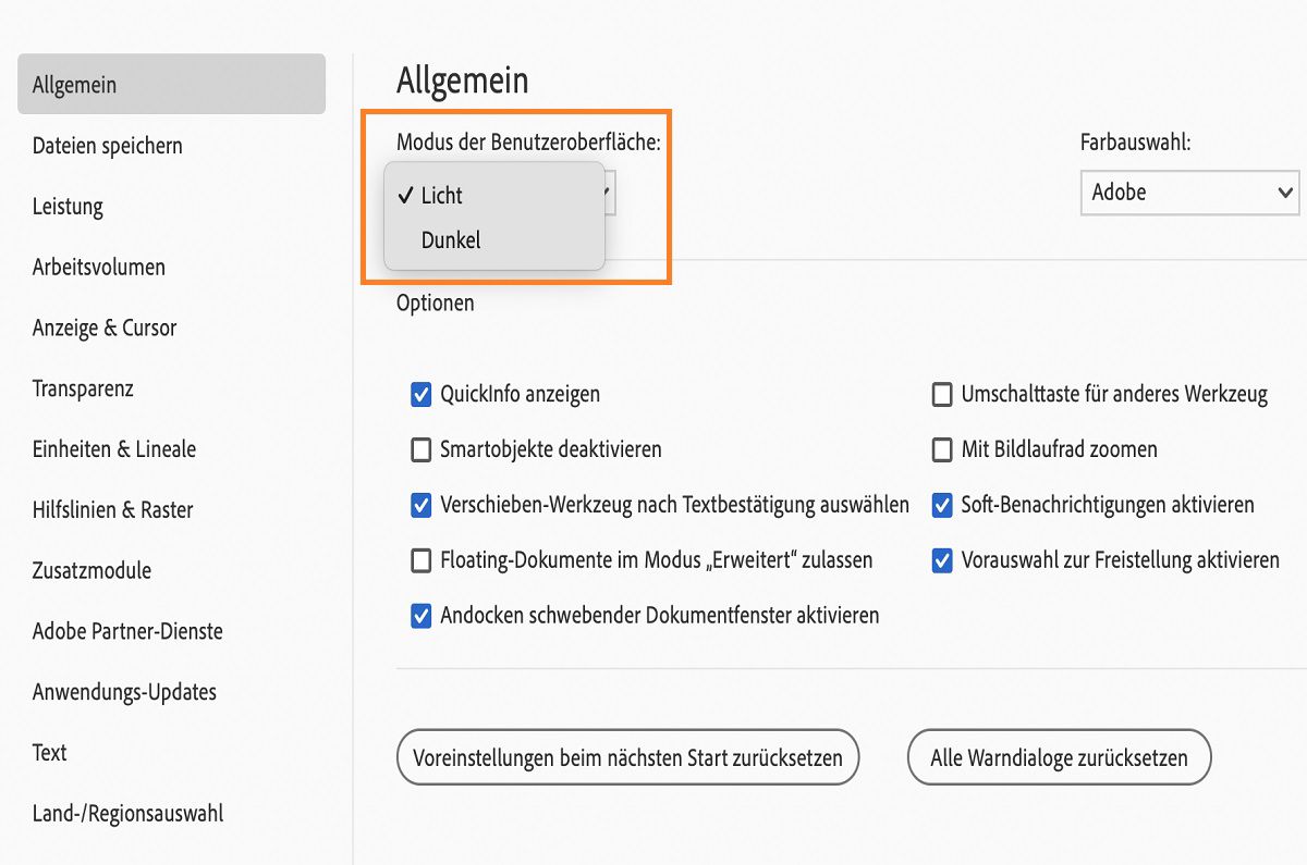 Wähle in Adobe Photoshop Elements den Hell- oder Dunkelmodus aus.