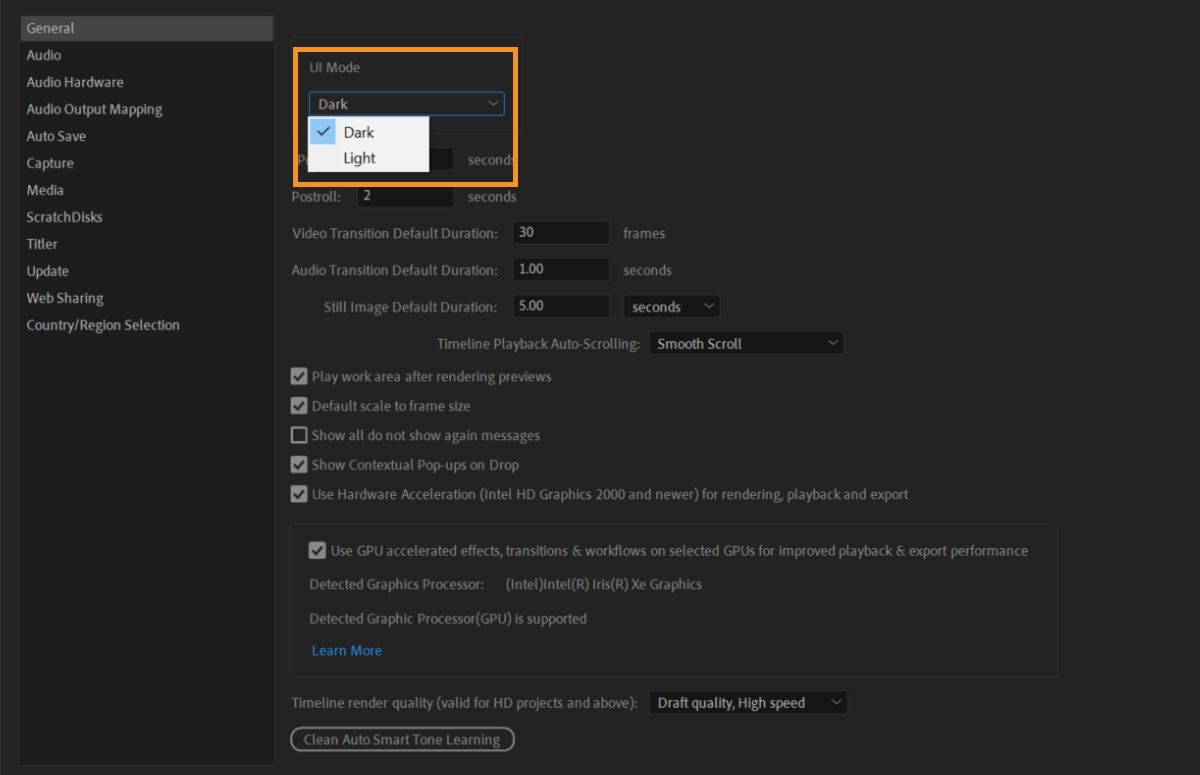 Basculez entre le mode clair ou sombre dans Adobe Premiere Elements.