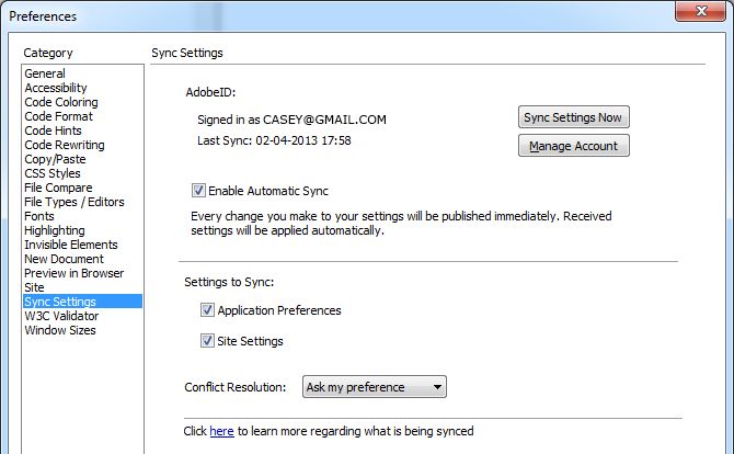 Preferences - Sync Settings