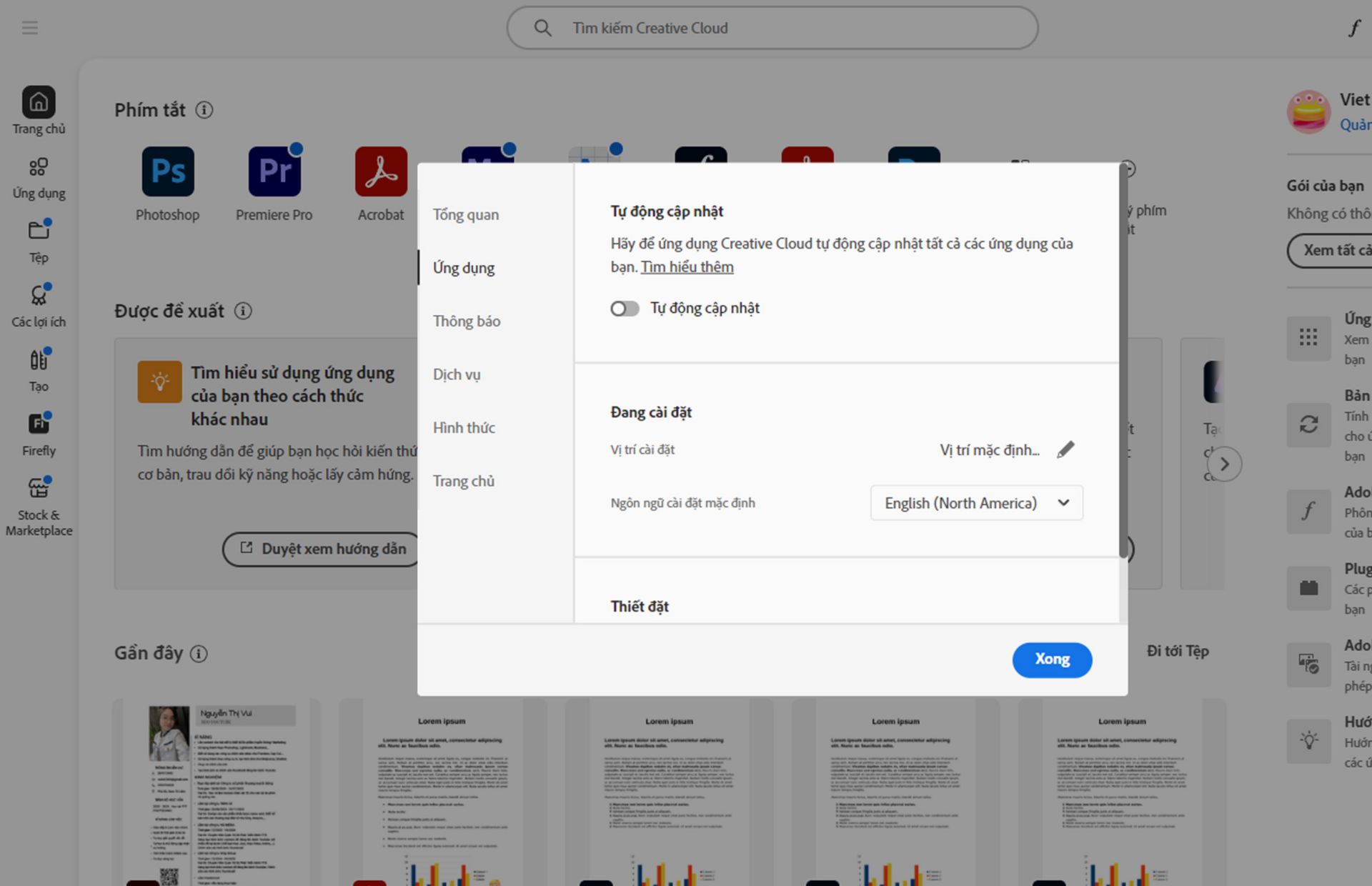 Bảng lựa chọn ưu tiên của Adobe Creative Cloud đang mở tại tab &quot;Ngôn ngữ&quot;, làm nổi bật tùy chọn để thiết lập ngôn ngữ mặc định khi cài đặt ứng dụng.