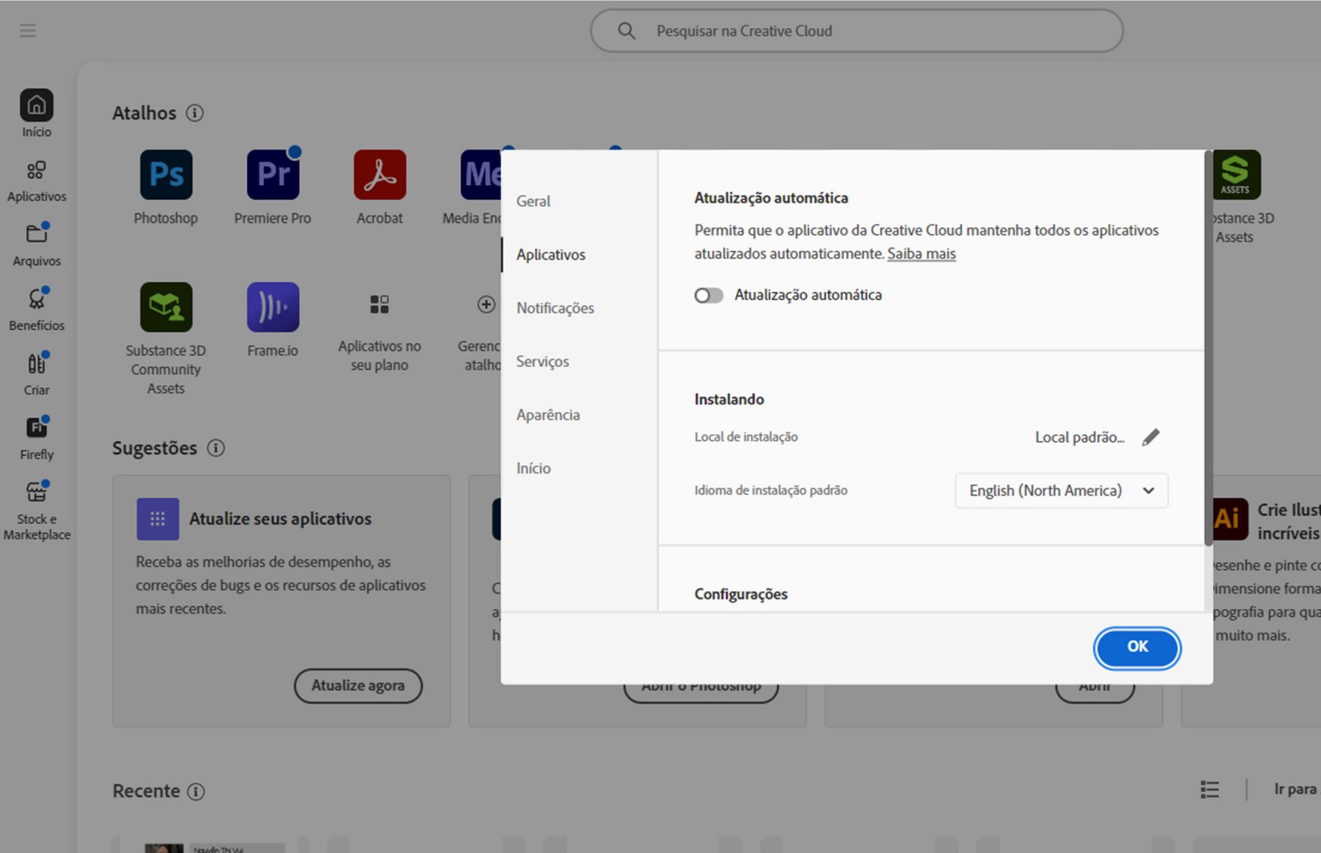 Painel de preferências do Adobe Creative Cloud aberto na guia &quot;Idioma&quot;, destacando a opção para definir o idioma padrão de instalação do aplicativo.