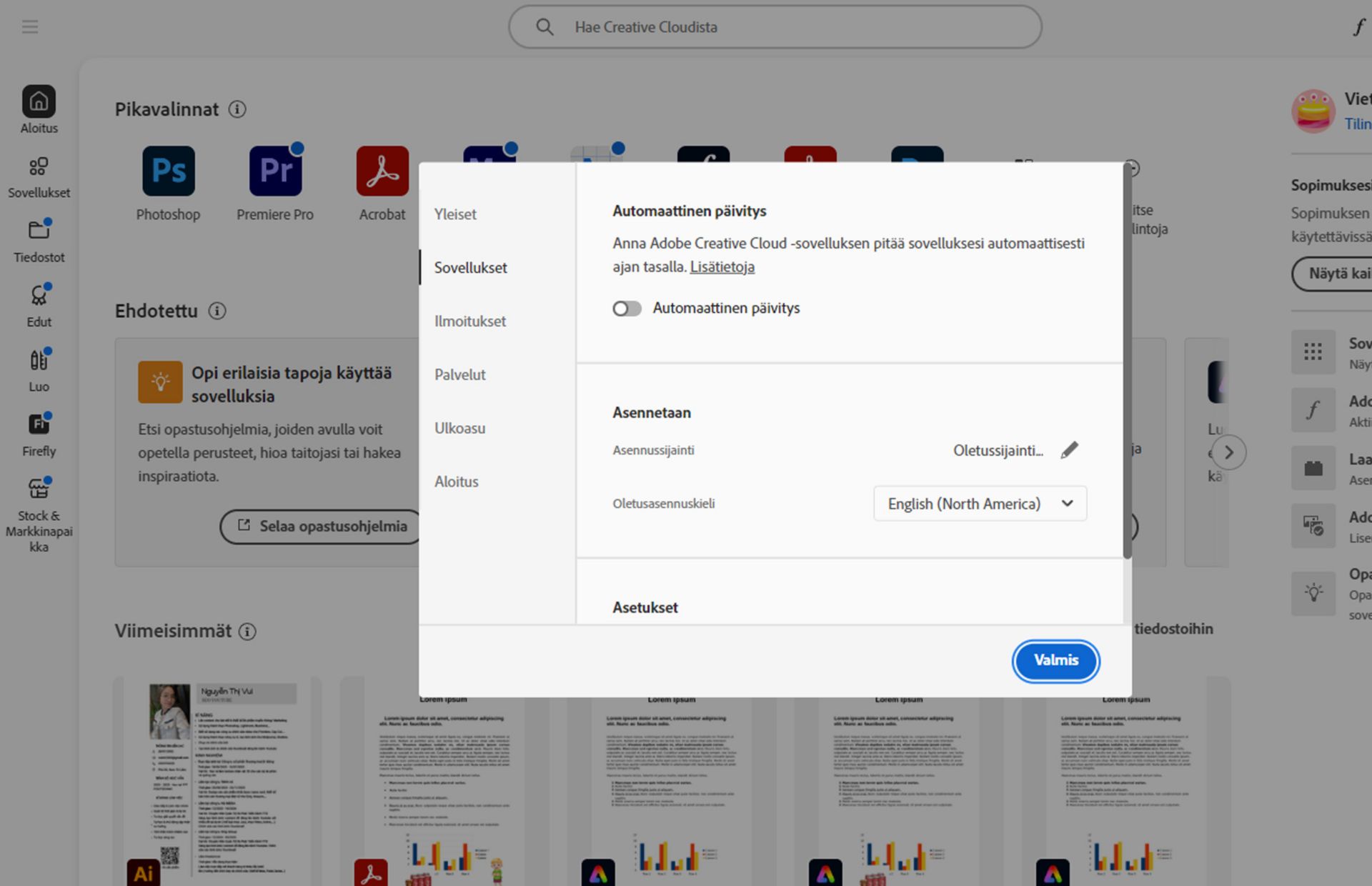 Adobe Creative Cloud -asetusten paneeli on auki &quot;Kieli&quot;-välilehdellä, jossa korostuu vaihtoehto asettaa sovellusten oletusasennuskieli.