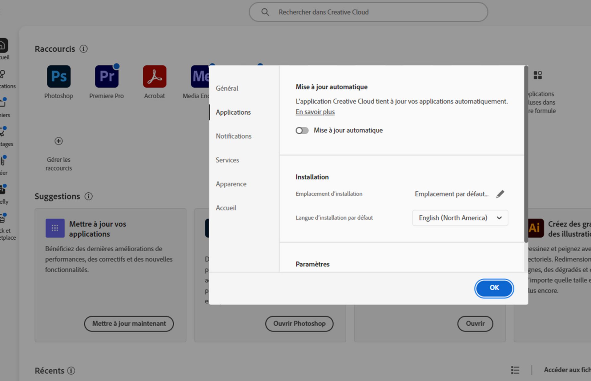 Panneau des préférences d'Adobe Creative Cloud ouvert sur l'onglet « Langue », mettant en évidence l'option permettant de définir la langue d'installation par défaut de l'appli.