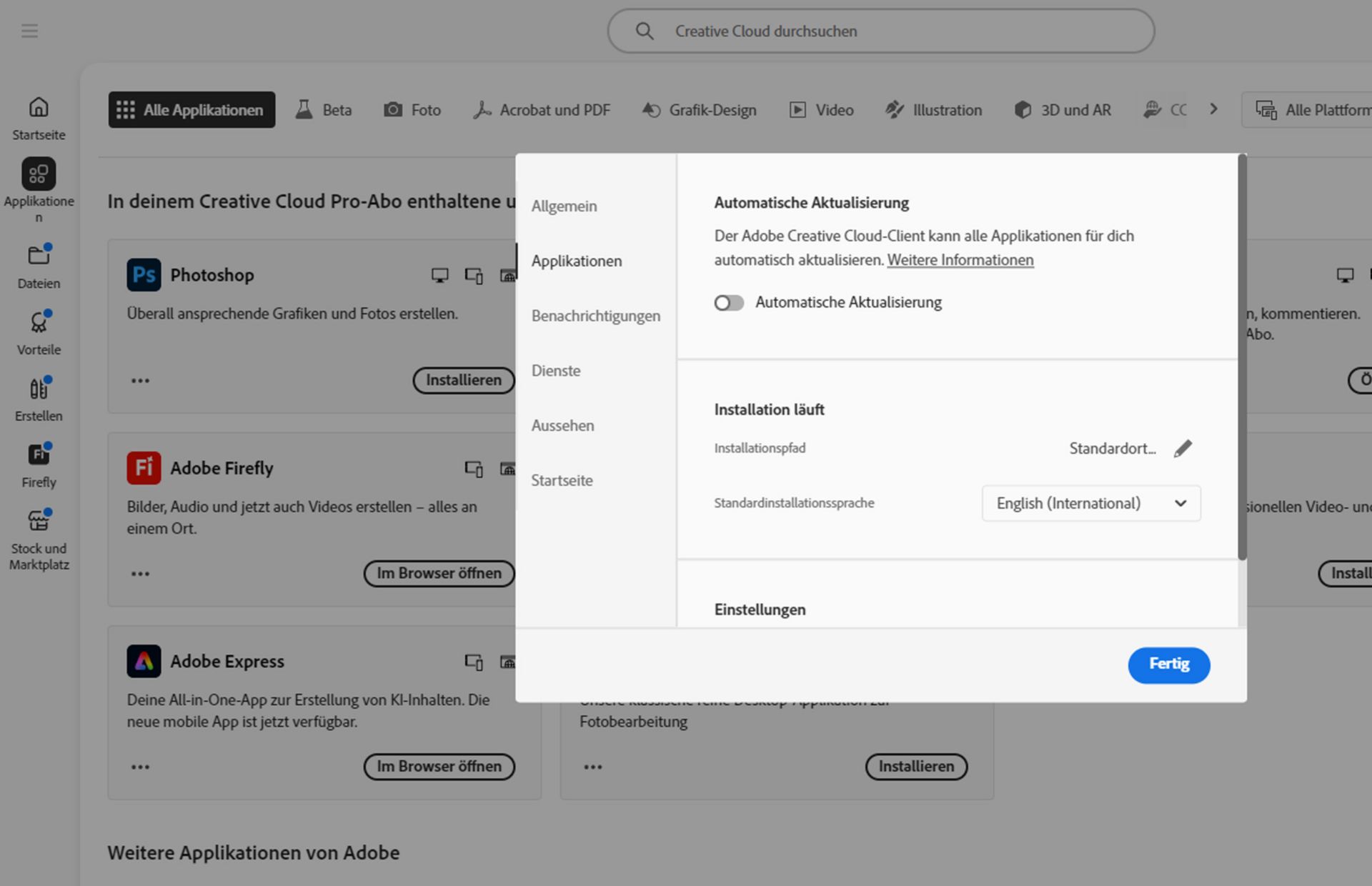 Bedienfeld für Adobe Creative Cloud-Einstellungen, geöffnet auf der Registerkarte „Sprache“, mit hervorgehobener Option zur Festlegung der Standard-Installationssprache für Anwendungen.