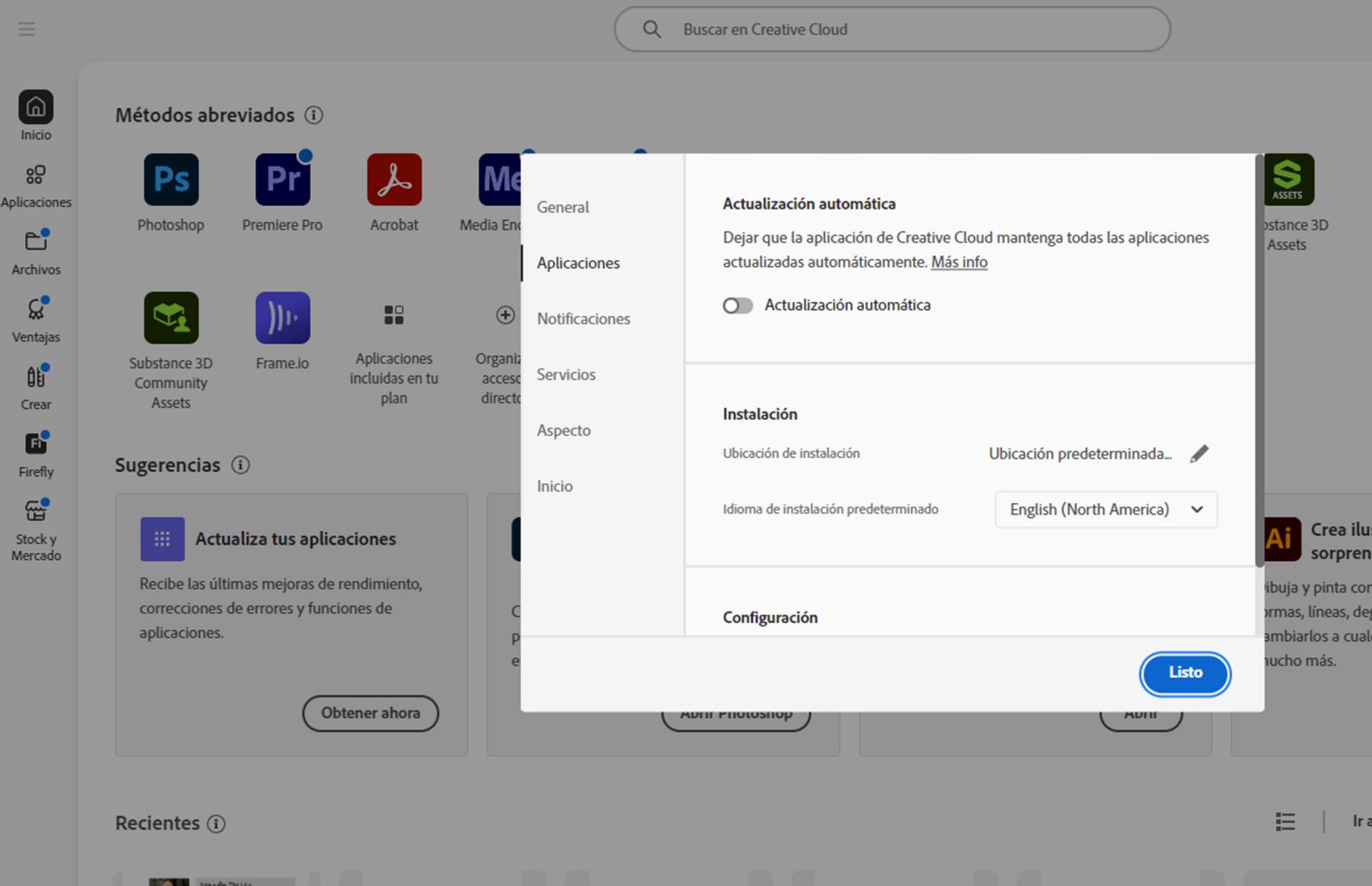 Panel de preferencias de Adobe Creative Cloud abierto en la pestaña &quot;Idioma&quot;, resaltando la opción para establecer el idioma de instalación predeterminado de la aplicación.