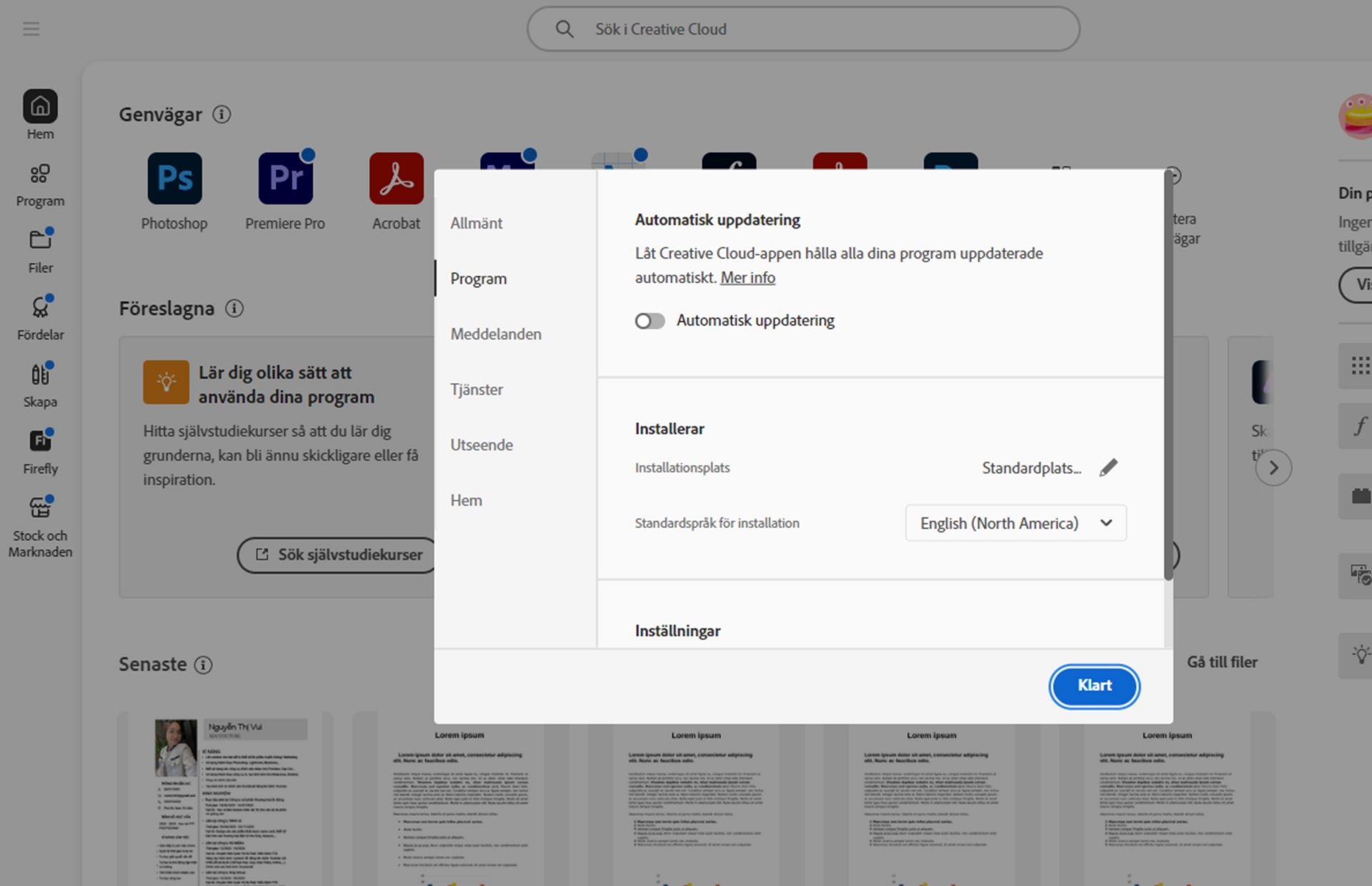 Adobe Creative Cloud-inställningspanelen öppen på fliken Språk, med markering av alternativet för att ställa in standardspråk för appinstallation.