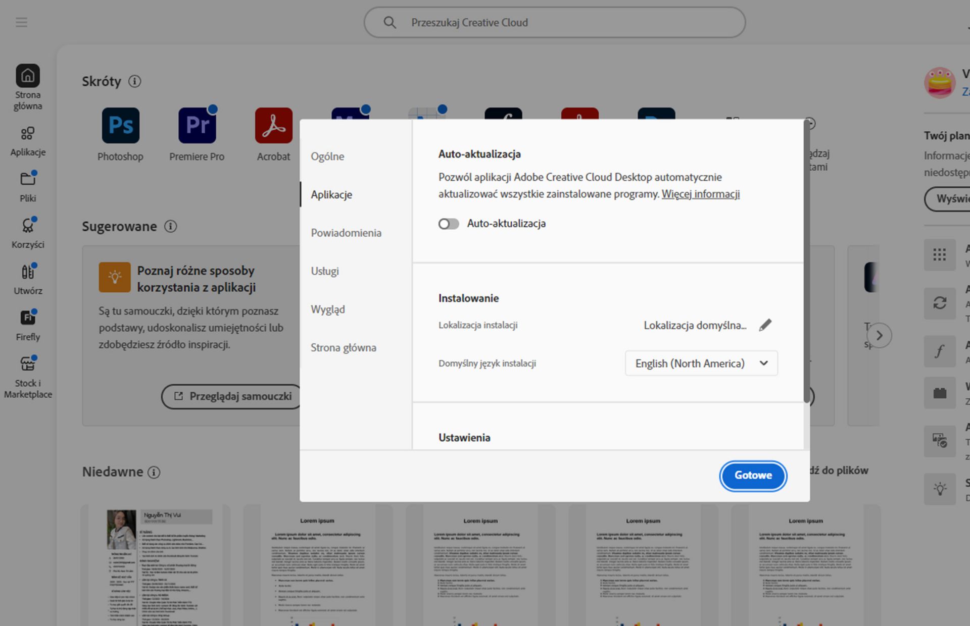 &quot;Panel preferencji Adobe Creative Cloud otwarty na karcie „Język&quot;, z wyróżnioną opcją ustawienia domyślnego języka instalacji aplikacji.