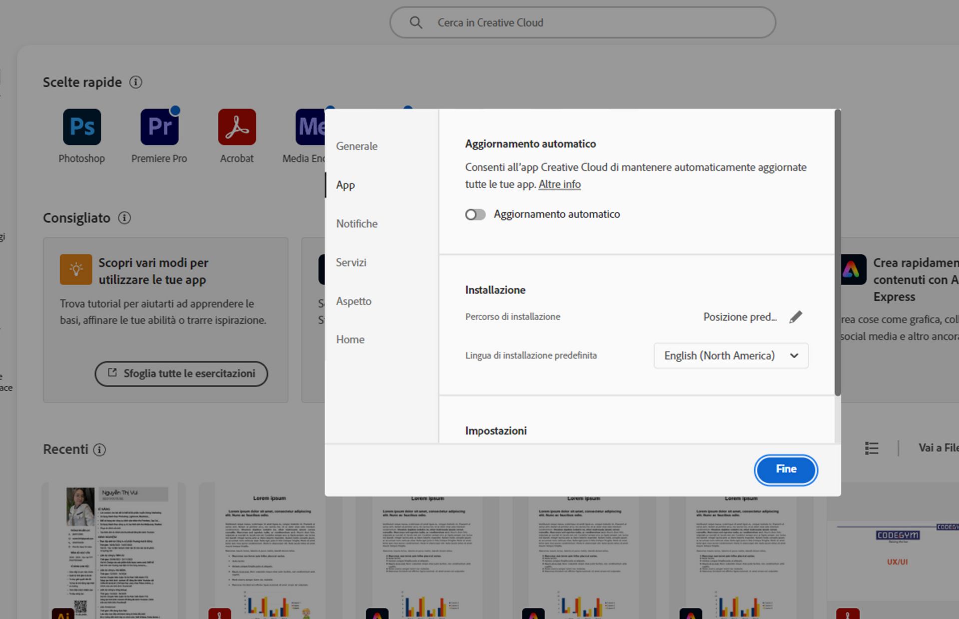 Pannello delle preferenze di Adobe Creative Cloud aperto sulla scheda &quot;Lingua&quot;, che evidenzia l'opzione per impostare la lingua predefinita di installazione dell'Applicazione.