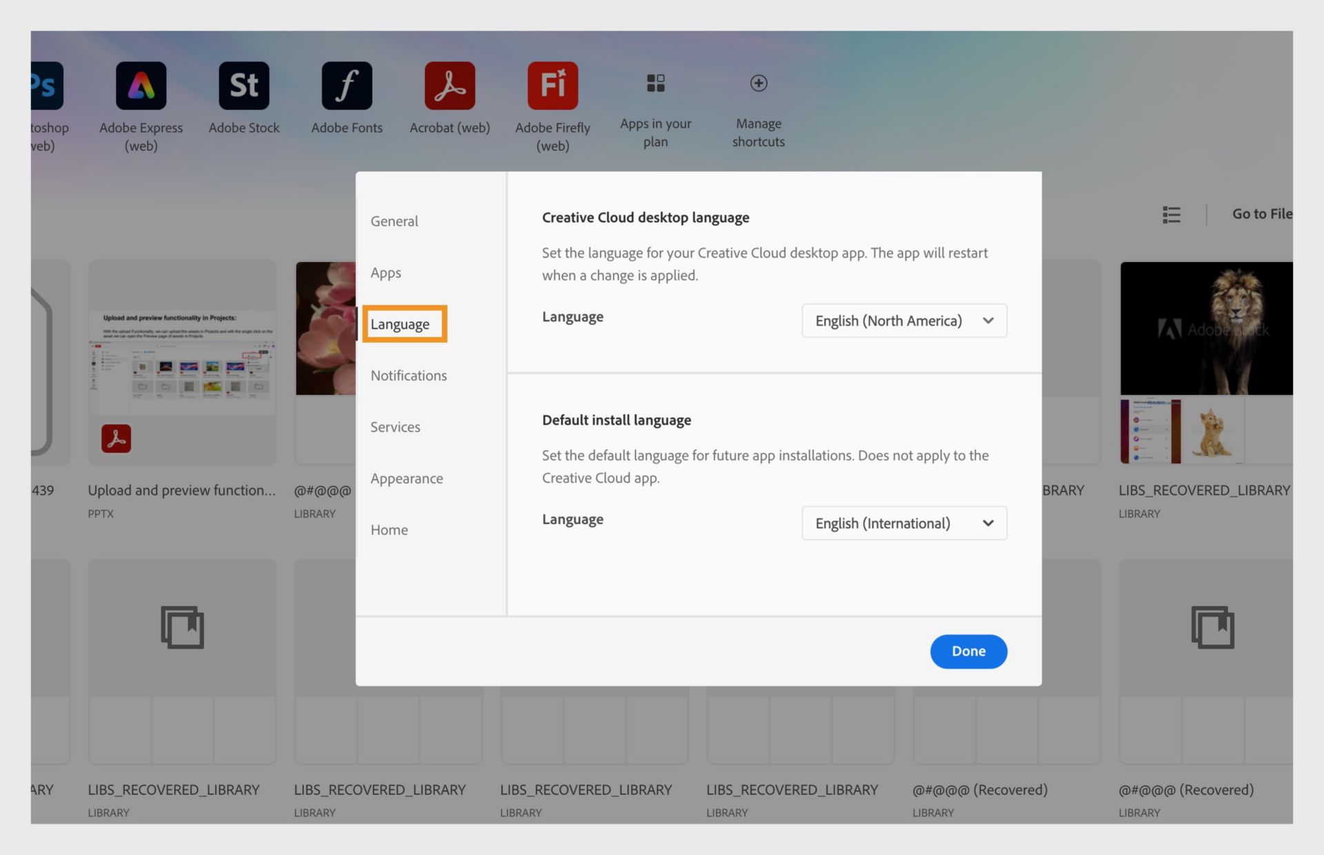 Adobe Creative Cloud preferences panel open on the “Language” tab, highlighting the option to set the default app installation language.