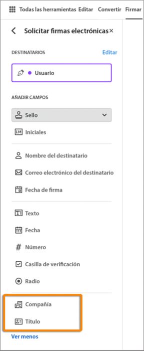 Rellenar previamente los campos Compañía y Título.