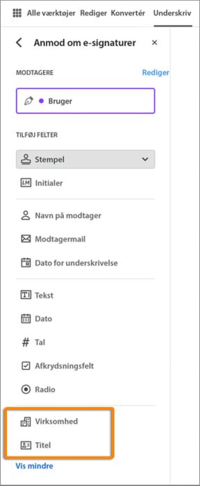 Udfyld felterne Virksomhed og Titel på forhånd.