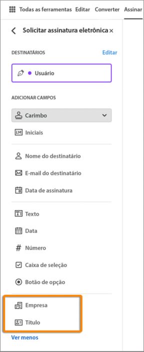 Preenchimento prévio dos campos Empresa e Título.