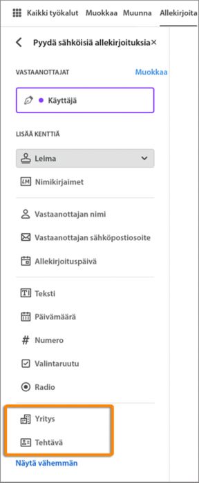 Esitäytä Yritys- ja Tehtävä-kentät.