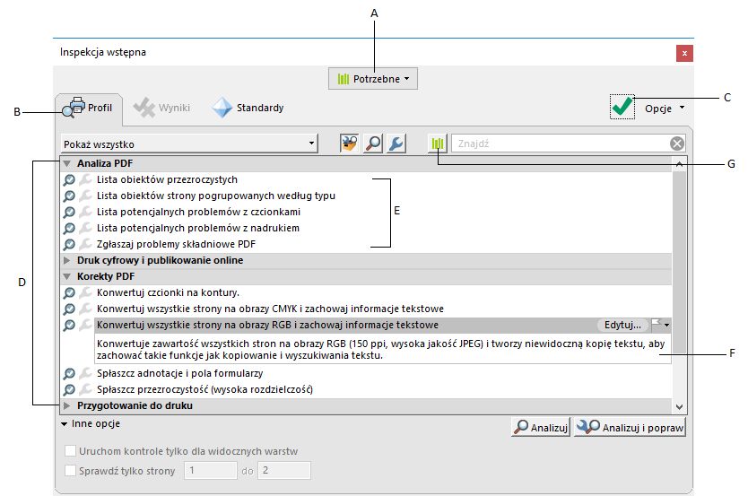 Okno dialogowe Inspekcja wstępna