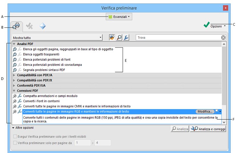 Finestra di dialogo Verifica preliminare