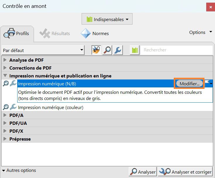 La boîte de dialogue Contrôle en amont s’affiche