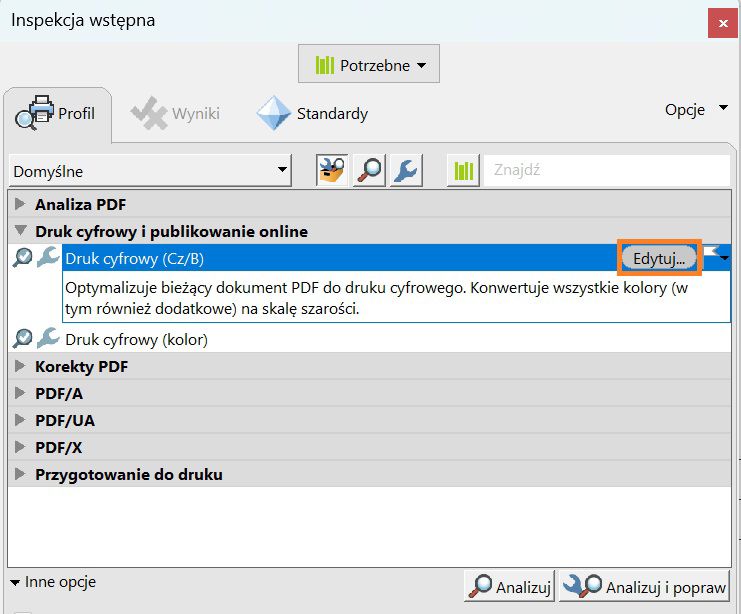 Zostanie wyświetlone okno dialogowe Inspekcja wstępna