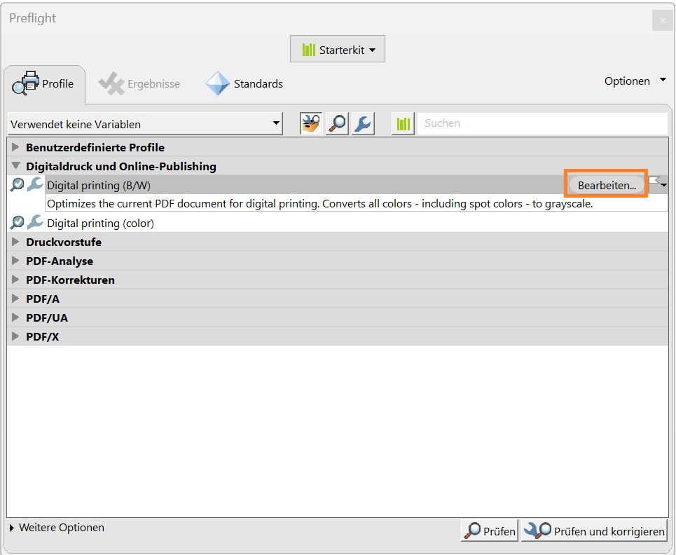 Das Dialogfeld „Preflight“ wird gezeigt