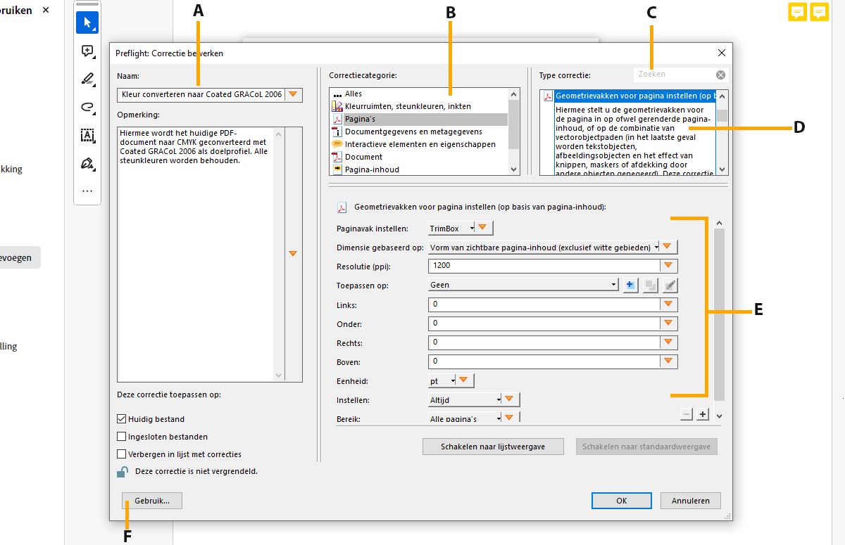 De interface Correctie bewerken wordt weergegeven