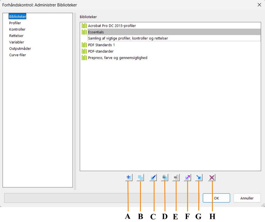 Dialogboksen Administrer biblioteker vises
