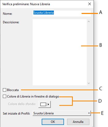 Finestra di dialogo Verifica preliminare: Nuova Libreria e relative funzioni vengono evidenziate.