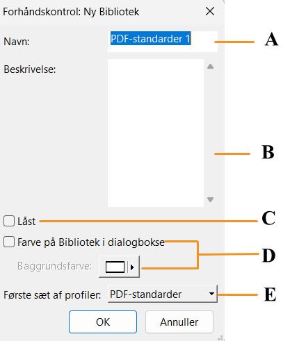 Forhåndskontrol: dialogboksen Nyt bibliotek vises, og dens funktioner fremhæves.