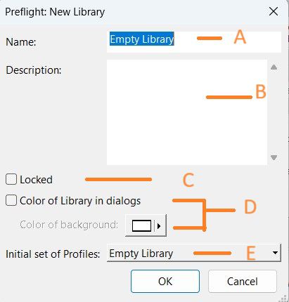 Pogovorno okno Preverjanje pred tiskom: nova knjižnica  je prikazano in označene so njegove funkcije.
