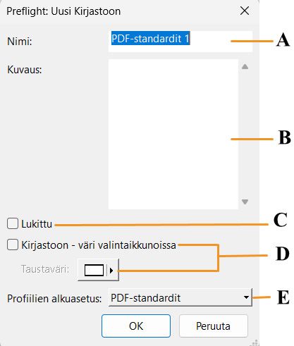 Preflight: Uusi Kirjastoon -valintaikkuna on näkyvissä, ja sen ominaisuudet on korostettu.