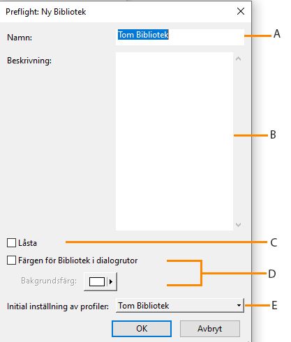 Preflight: Dialogrutan Ny Bibliotek visas och dess funktioner markeras.