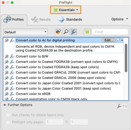 يتم تحديد علامة التبويب Profile في مربع الحوار Preflight.