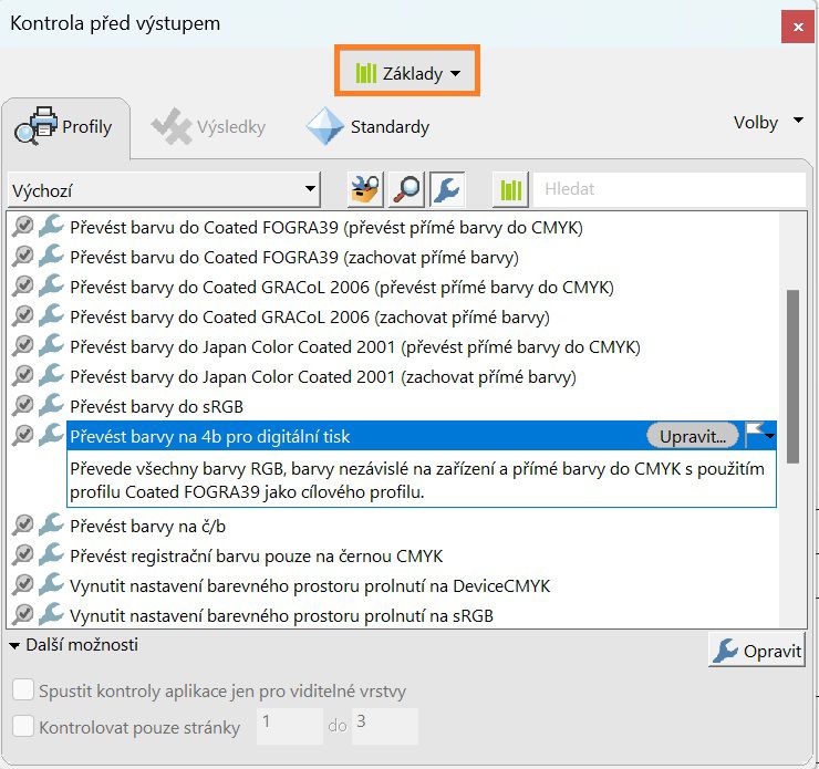 Karta Profil je vybraná v dialogovém okně Kontrola před výstupem.