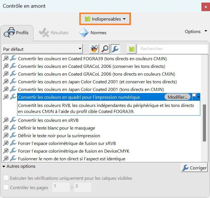 L’onglet Profil est sélectionné dans la boîte de dialogue Contrôle en amont.