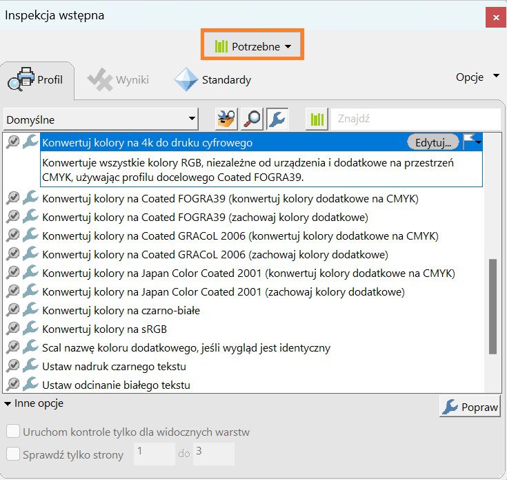 Karta Profil jest zaznaczona w oknie dialogowym Inspekcja wstępna.
