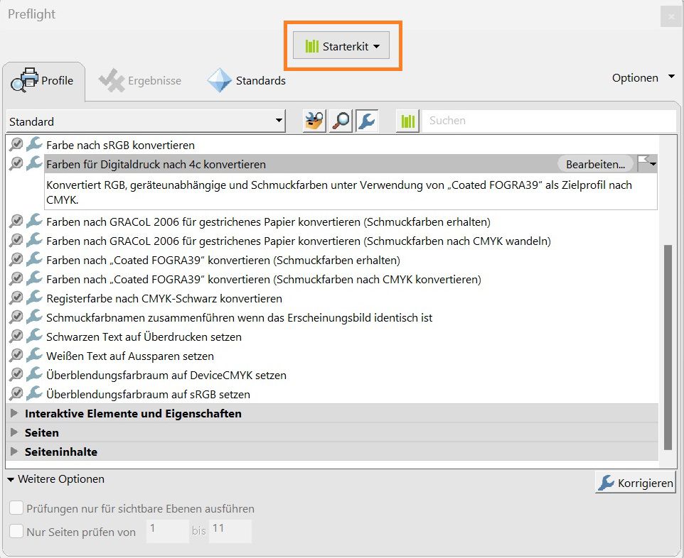 Im Dialogfeld „Preflight“ ist die Registerkarte „Profil“ ausgewählt.