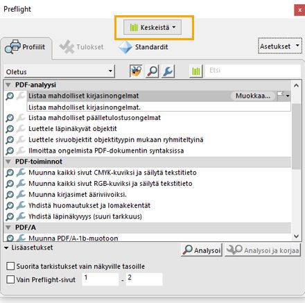 Preflight-valintaikkunasta on valittu Profiili-välilehti.