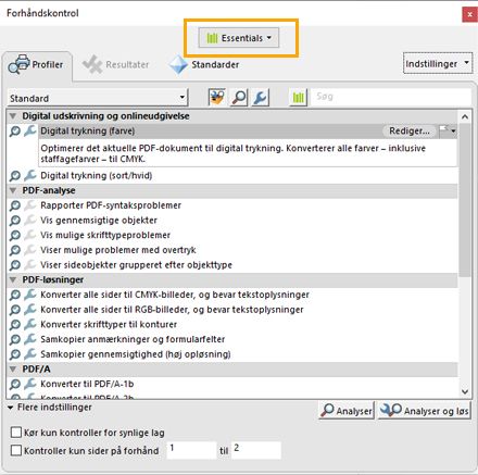 Fanen Profil er valgt i dialogboksen Forhåndskontrol.