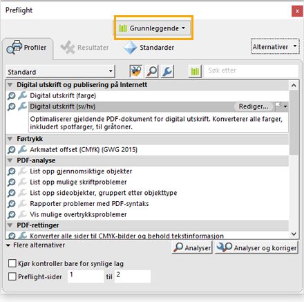 Profil-fanen er valgt i dialogboksen Preflight.