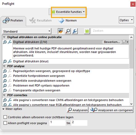 Het tabblad Profiel is geselecteerd in het dialoogvenster Preflight.