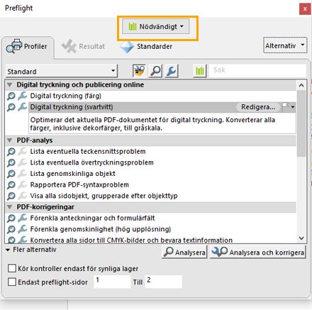 Fliken Profil markeras i dialogrutan Preflight.
