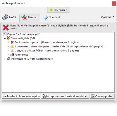 Finestra di dialogo Verifica preliminare contenente oggetti con problemi