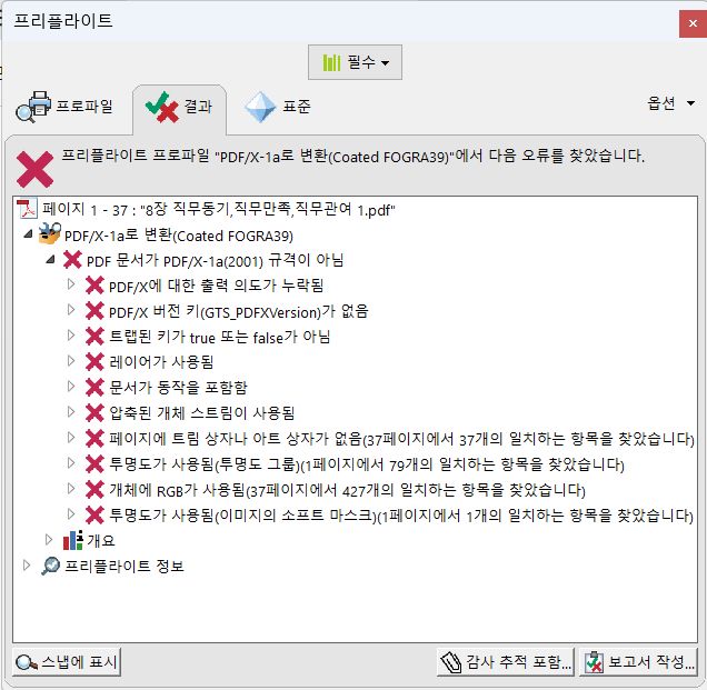 문제 개체가 있는 프리플라이트 대화 상자