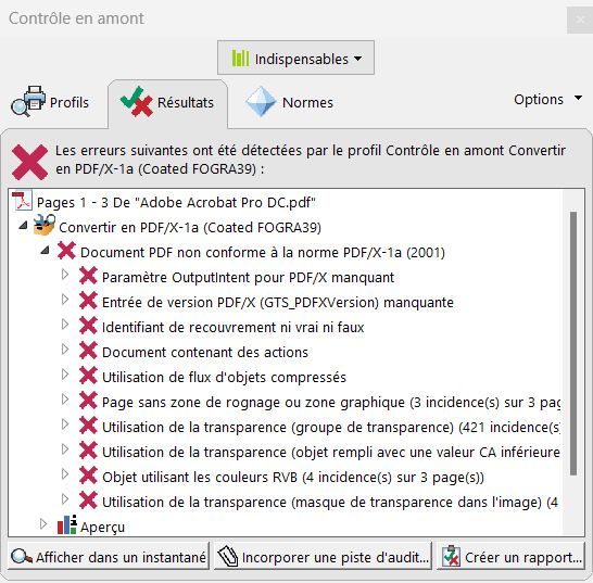 Liste des objets problématiques de la boîte de dialogue Contrôle en amont
