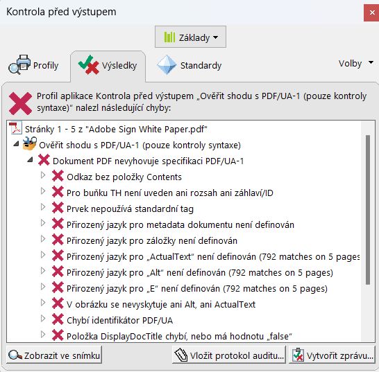 Dialogové okno Kontrola před výstupem s problémovými objekty