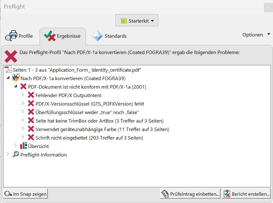 Dialogfeld von Preflight mit Problemobjekten