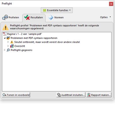 Dialoogvenster Preflight met probleemobjecten