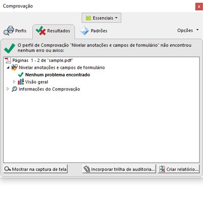 A caixa de diálogo Comprovação apresenta objetos com problemas